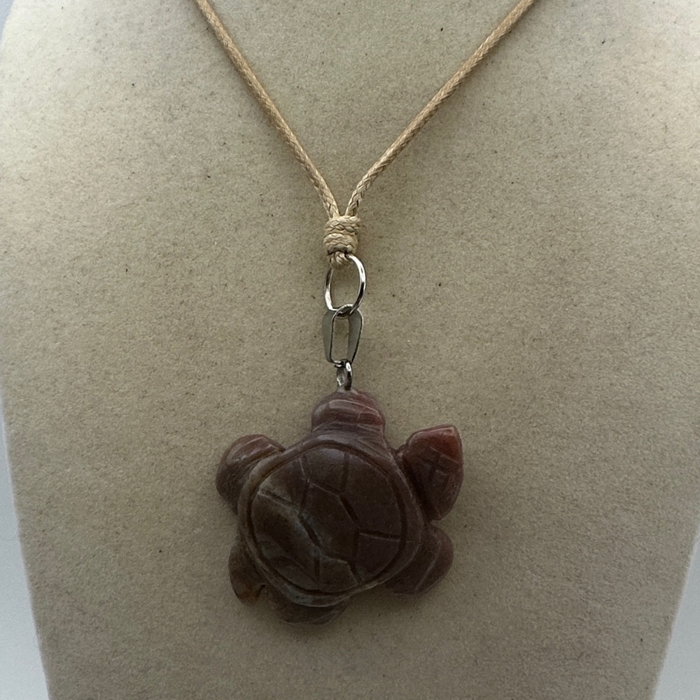 Ocean Jasper Turtle Pendant Necklace on Tan Adjustable Rope